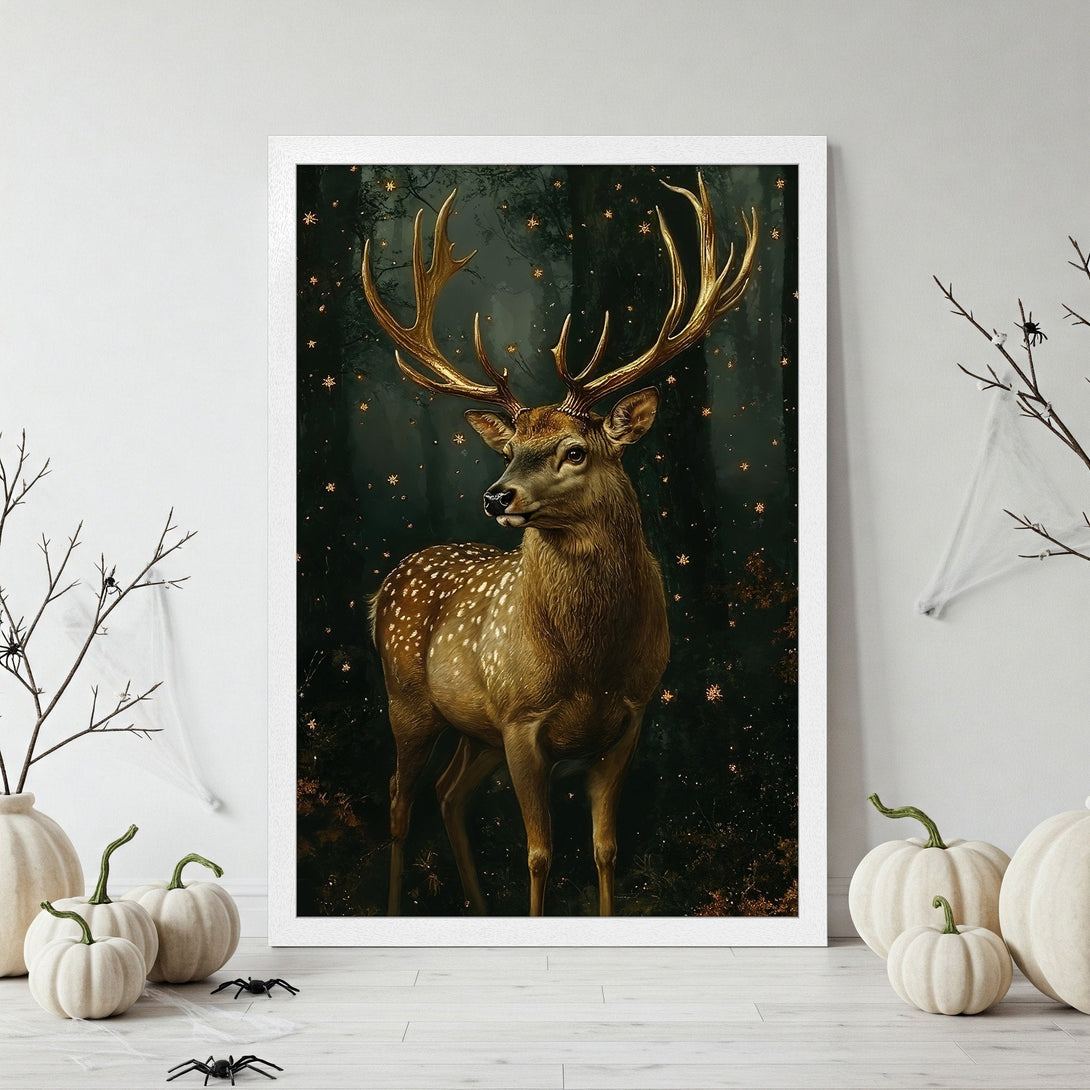 Framed Poster featuring a majestic deer with golden details, set against a dark, starry background. Warm gold & black color palette. Perfect wall art.