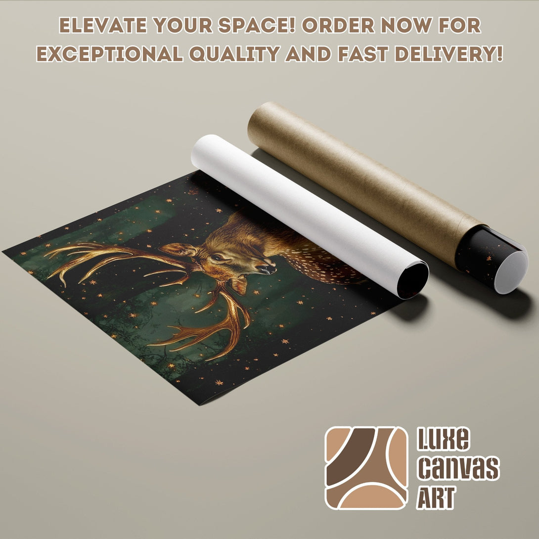 Poster Roll featuring a golden deer on a black background. Elegant art with a warm, earthy color palette.