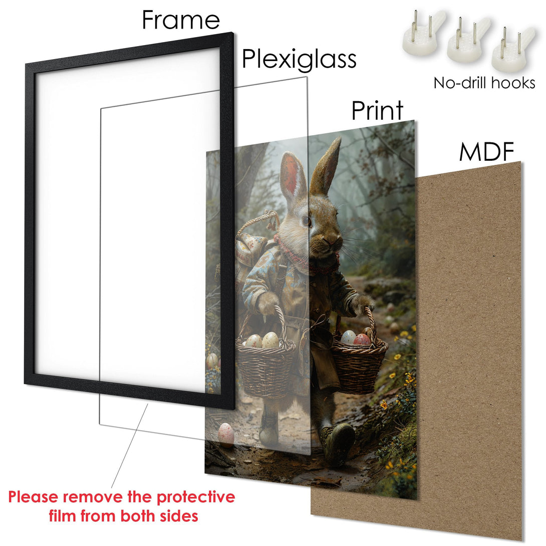 Framed Poster featuring a whimsical rabbit with a warm, earthy color palette. Perfect for Easter decor!