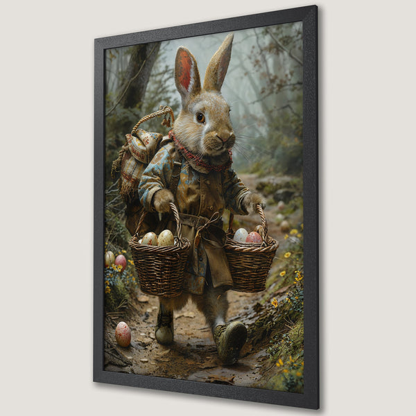 Framed Poster featuring a whimsical rabbit carrying Easter eggs in a forest. Earthy tones and a vintage illustration style. Perfect Easter decor!