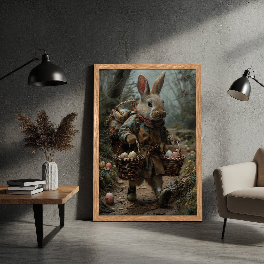 Framed Poster featuring a whimsical rabbit in a forest, rustic style with earthy tones. Perfect Easter decor!