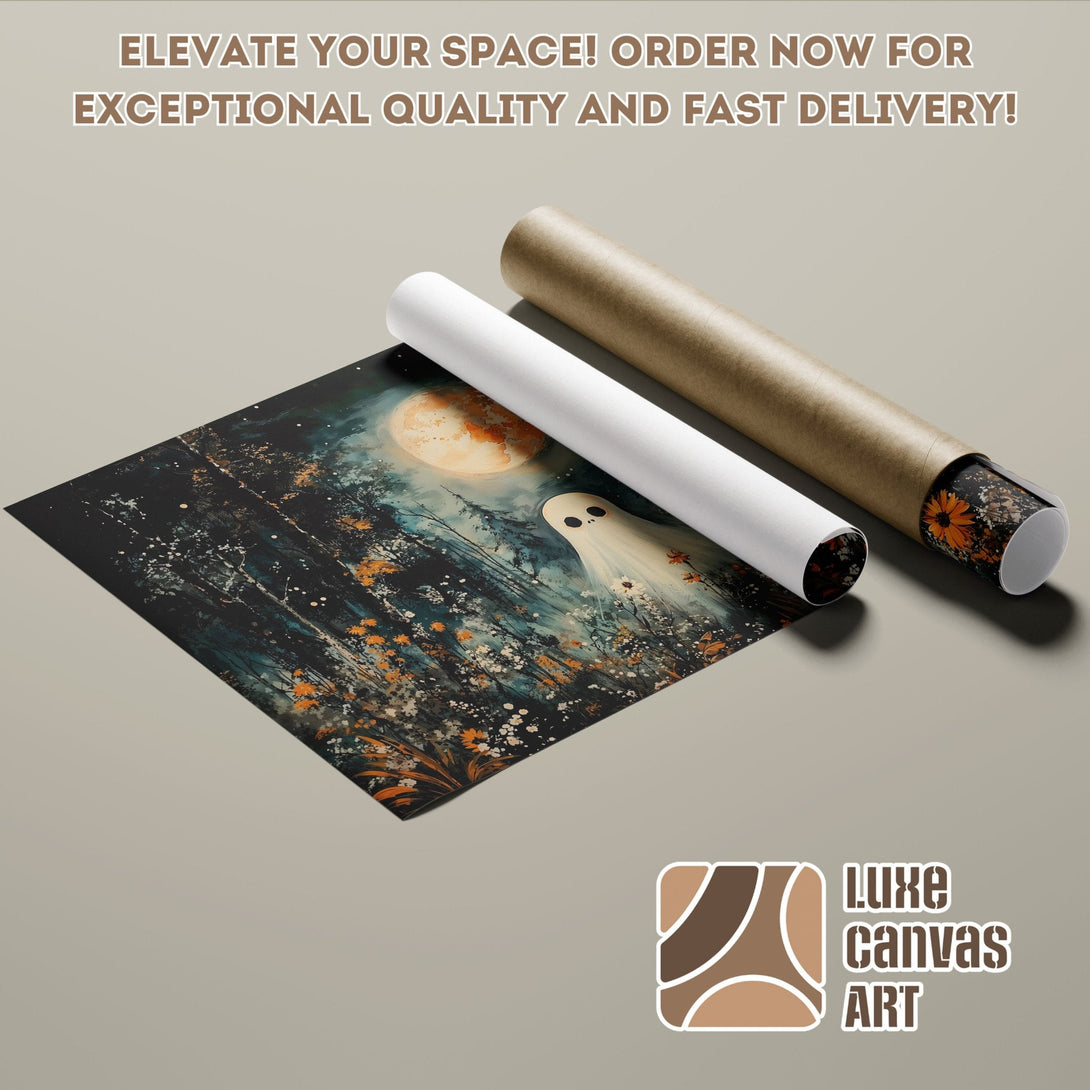 Poster Roll featuring a whimsical ghost in a moonlit forest, with a dark and orange color palette.