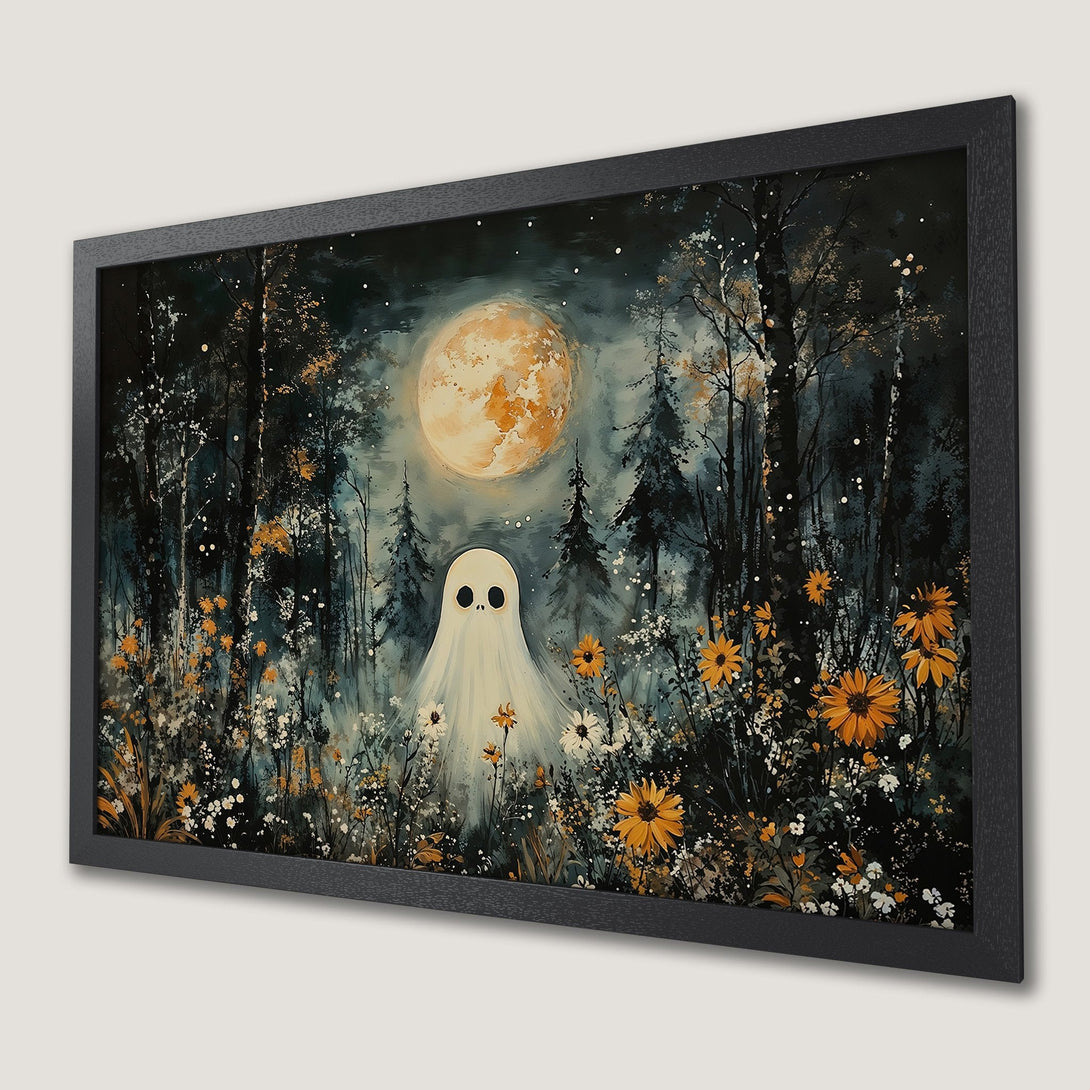 Framed Poster featuring a whimsical ghost in a moonlit forest. Artistic style with a dark, moody color palette including orange and teal.