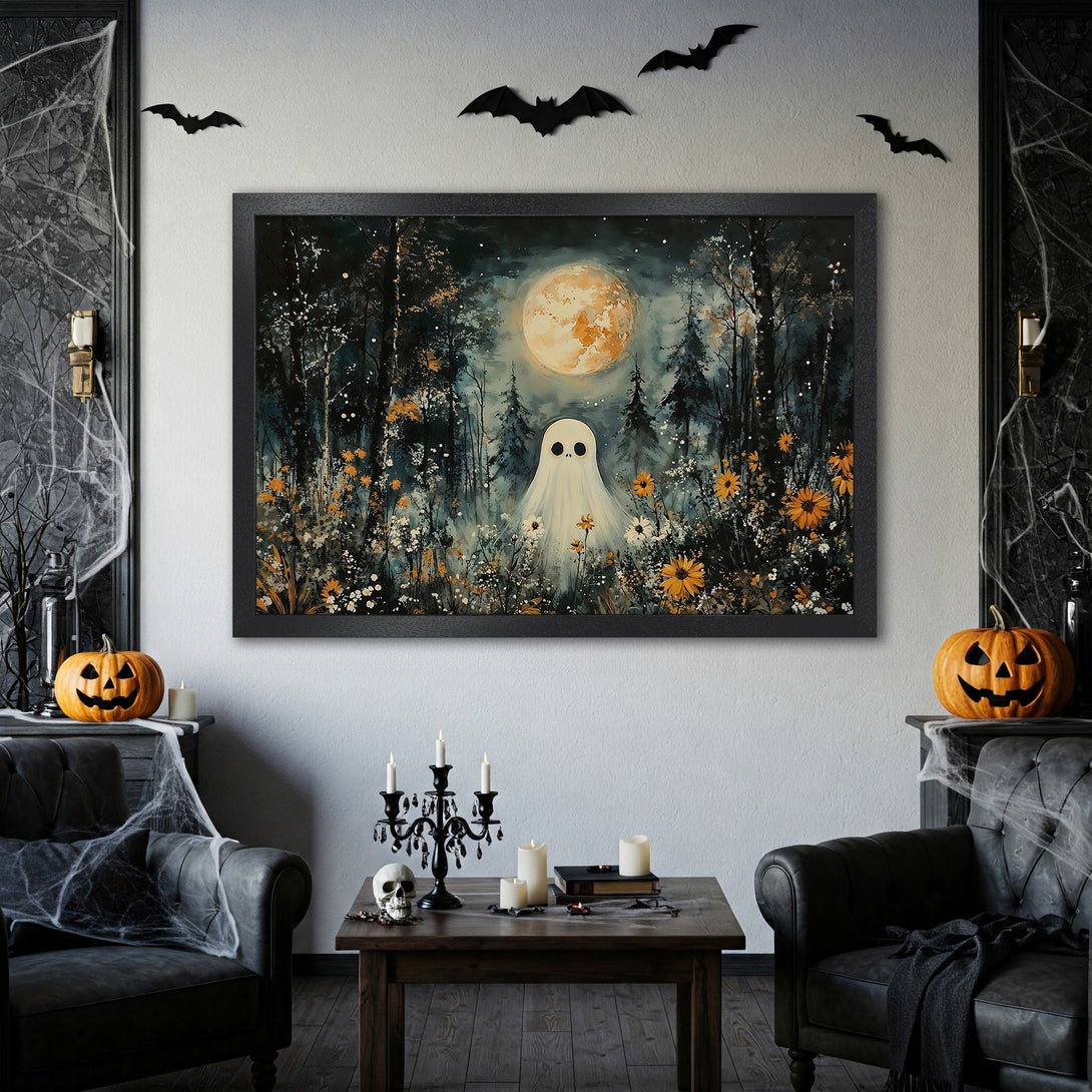 Framed Poster featuring a whimsical ghost in a forest scene, with a dark, moody color palette perfect for Halloween decor.
