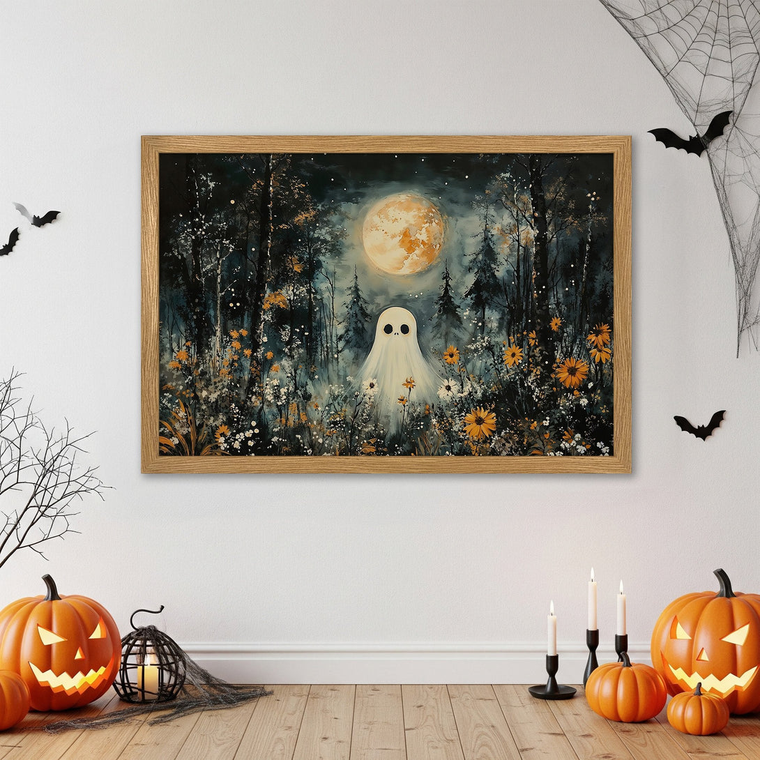 Framed Poster featuring a spooky ghost in a dark forest with a full moon. Halloween art in a muted, earthy color palette.