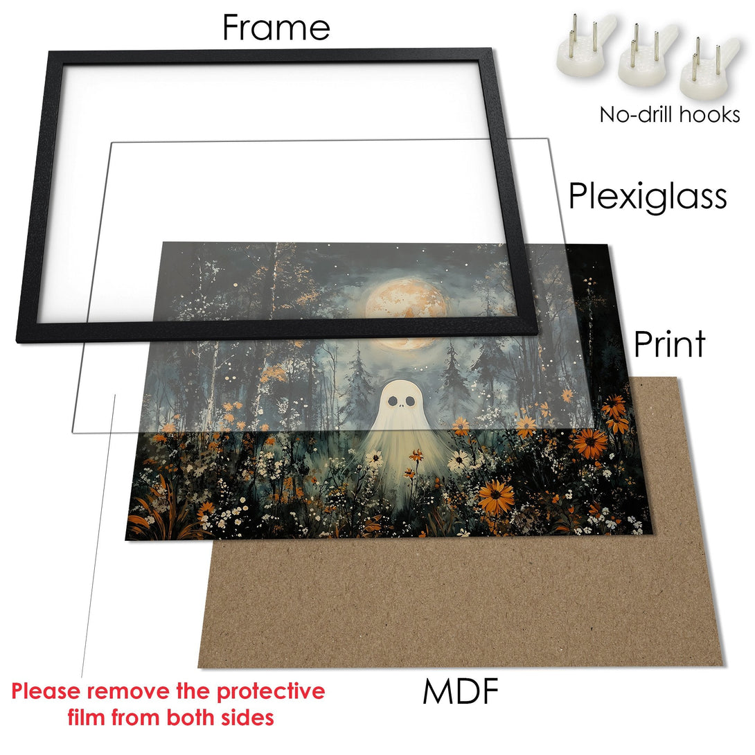 Framed Poster featuring a whimsical ghost in a forest scene with a dark, moody color palette. Perfect wall art!