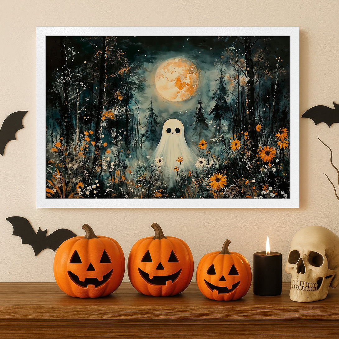 Framed Poster of a spooky forest scene with a ghost, in a dark teal and orange color palette. Perfect Halloween decor!