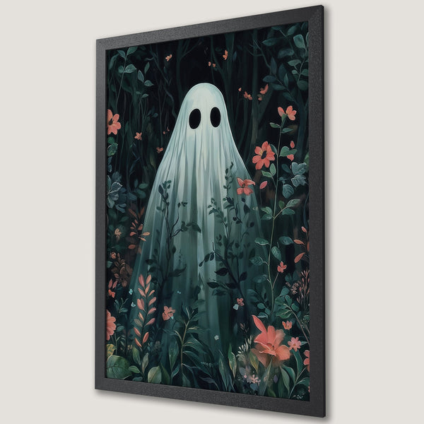 Framed Poster featuring a whimsical ghost in a dark forest with a green and orange color palette, perfect for spooky decor.