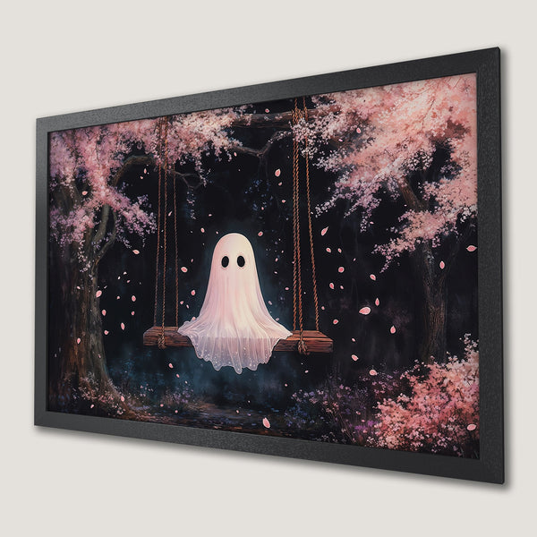 Framed Poster: Cute ghost on a swing in a whimsical forest, pink & dark color palette. Perfect wall art!