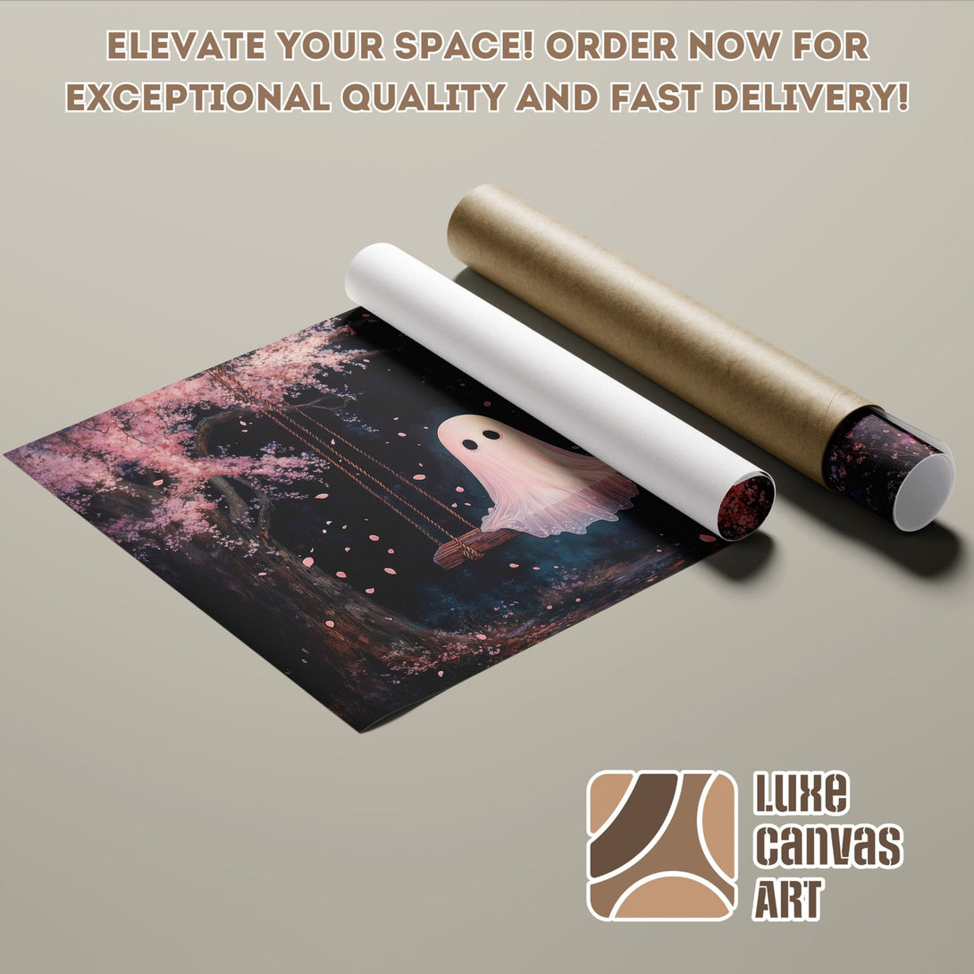 Poster Roll featuring a whimsical ghost on a swing, with a dark, pink and blue color palette.