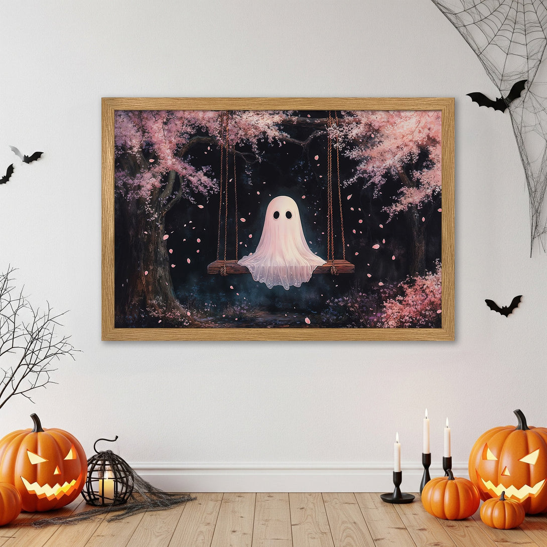 Framed Poster featuring a whimsical ghost on a swing in a pink and black forest, perfect Halloween decor.