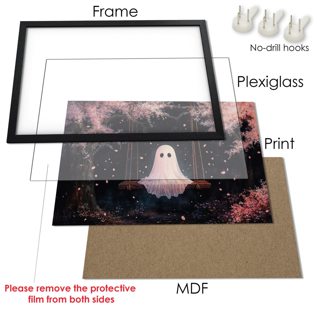 Framed Poster featuring a whimsical ghost on a swing in a dreamy, pink and dark forest scene. Perfect wall art!