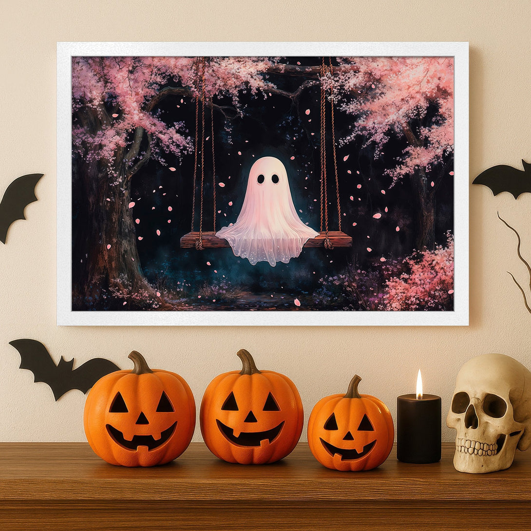 Framed Poster of a cute ghost on a swing in a pink floral forest. Perfect Halloween decor! Beautiful illustration.