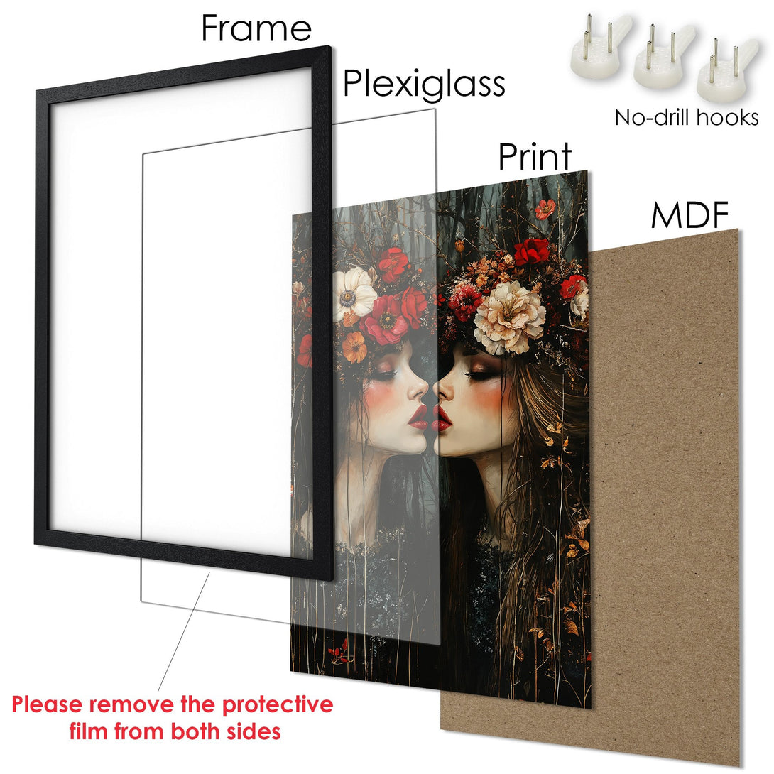 Framed Poster featuring a woman with floral crown, in a dark, romantic style with a warm color palette. Perfect wall art!