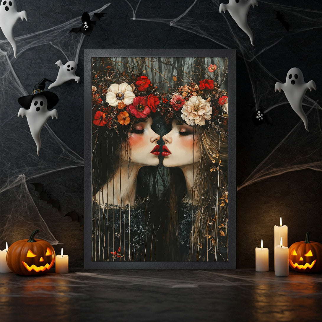 Framed Poster featuring two women with floral crowns, dark art style, red & black color palette, perfect Halloween decor.