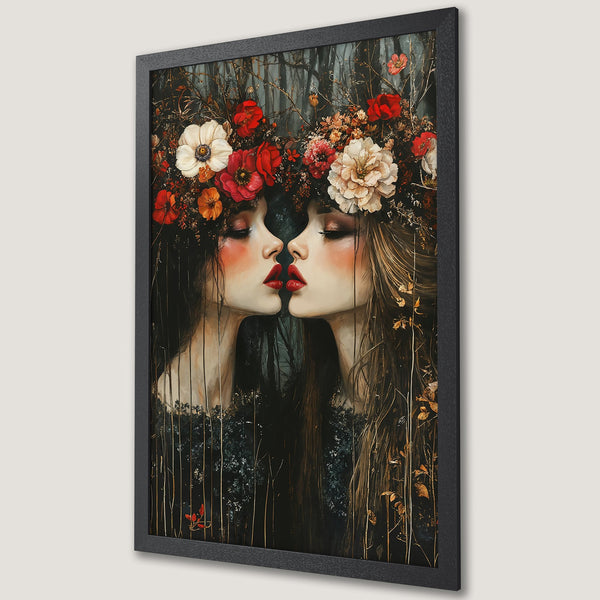 Framed Poster featuring two women with floral crowns, dark forest background, and a warm, earthy color palette. Perfect wall art!