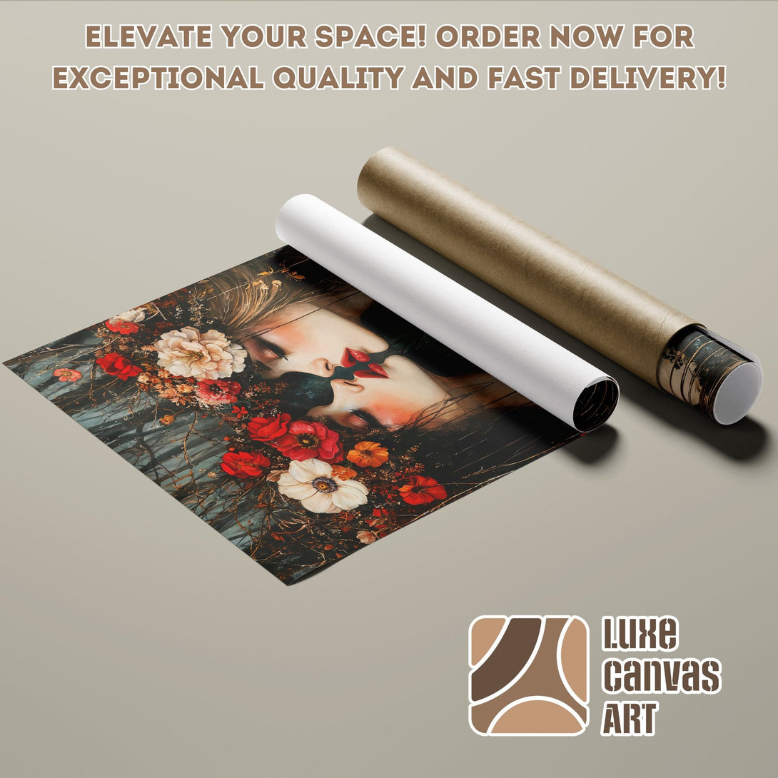 Poster Roll featuring a woman with flowers, artistic style, and a warm color palette. Elevate your space!
