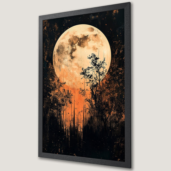 Framed Poster featuring a stunning moon over a forest. Artistic style with a warm orange and black color palette. Perfect wall art for any space.