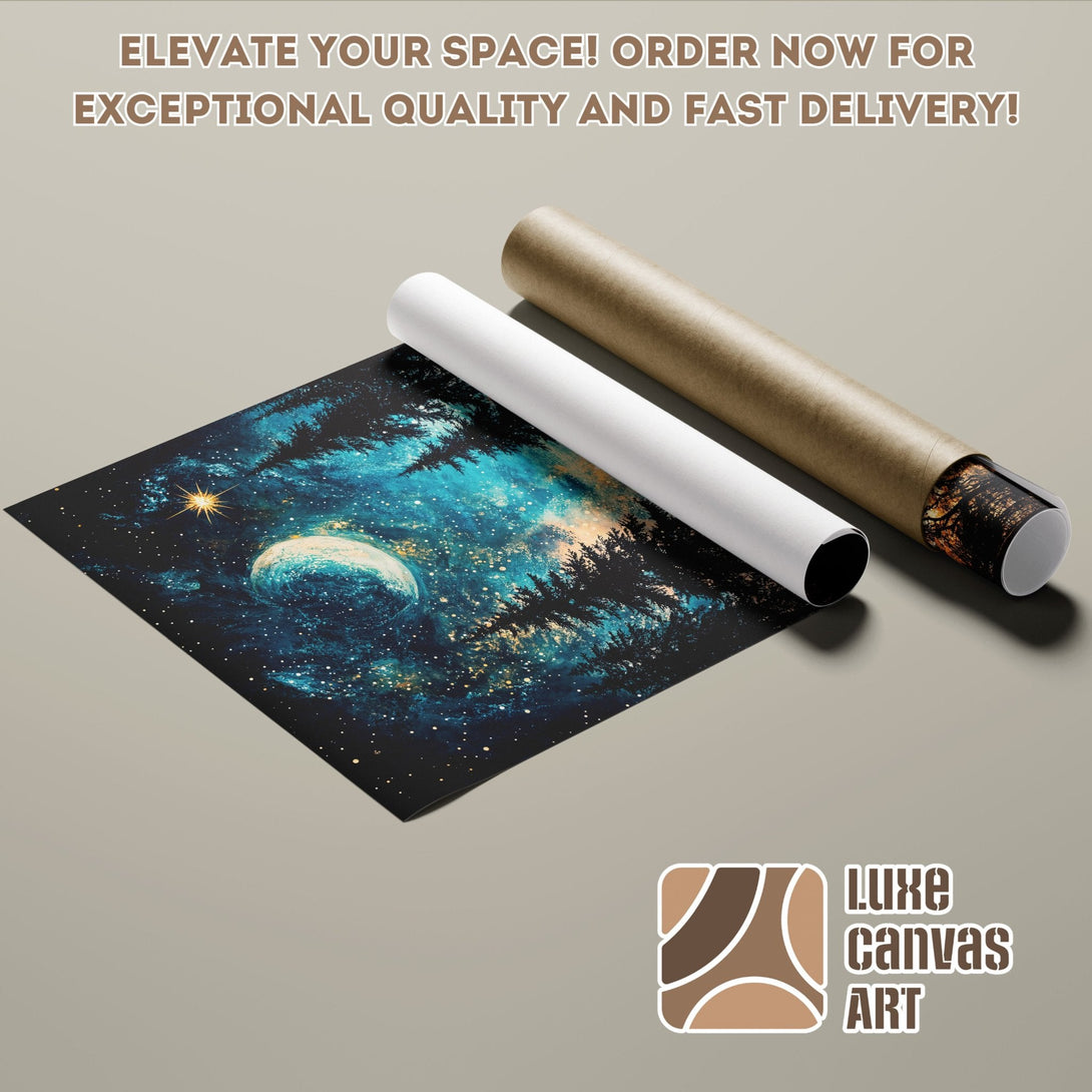 Poster Roll featuring a cosmic night sky art print in blue and gold. Elevate your space!
