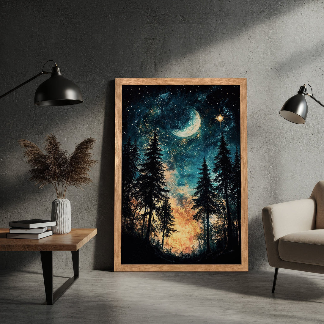 Framed Poster: Night forest art print with a celestial sky in teal and orange tones. Perfect wall decor for your home.