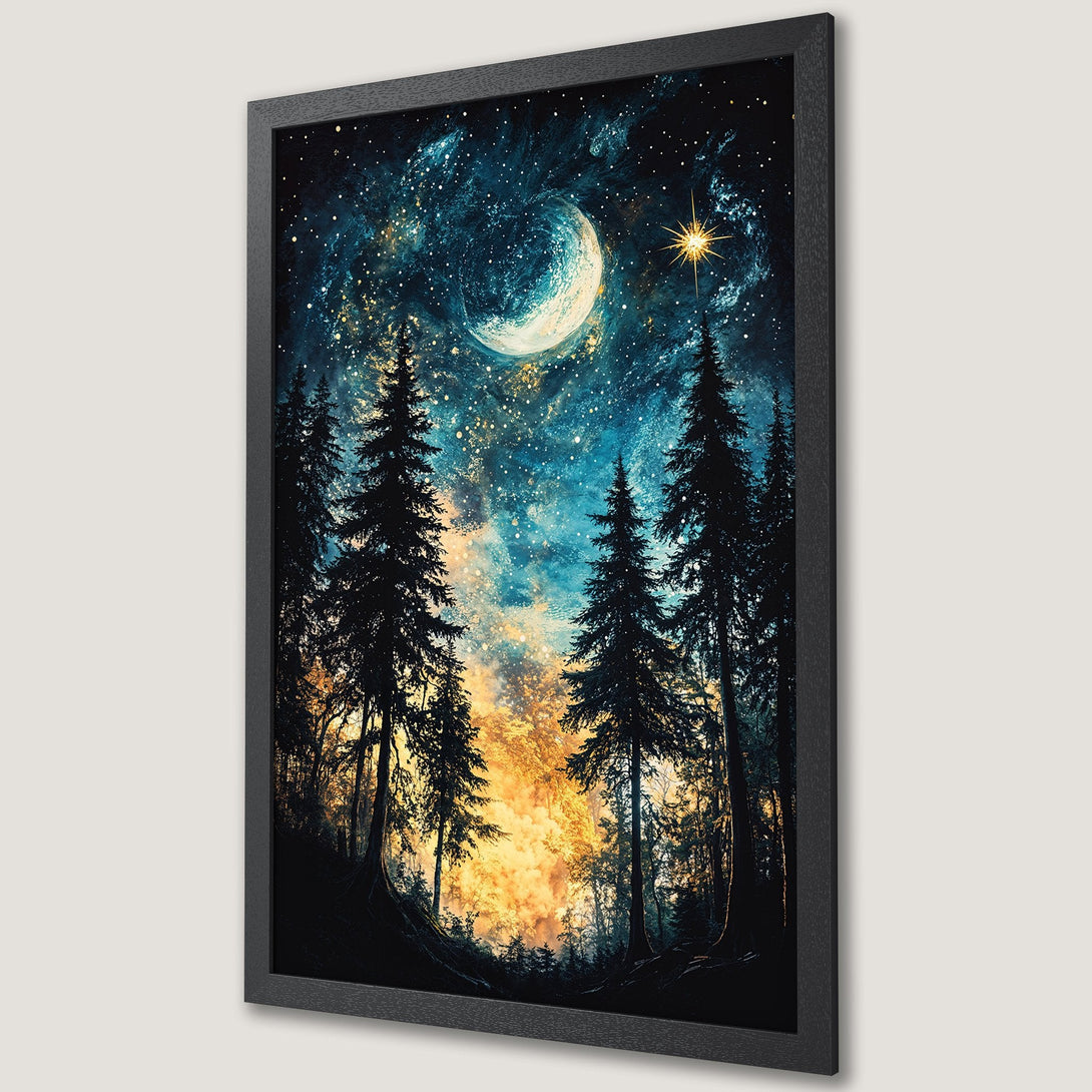 Framed Poster of a starry night forest scene. Stunning art print with a blue, yellow, and black color palette. Perfect wall decor!