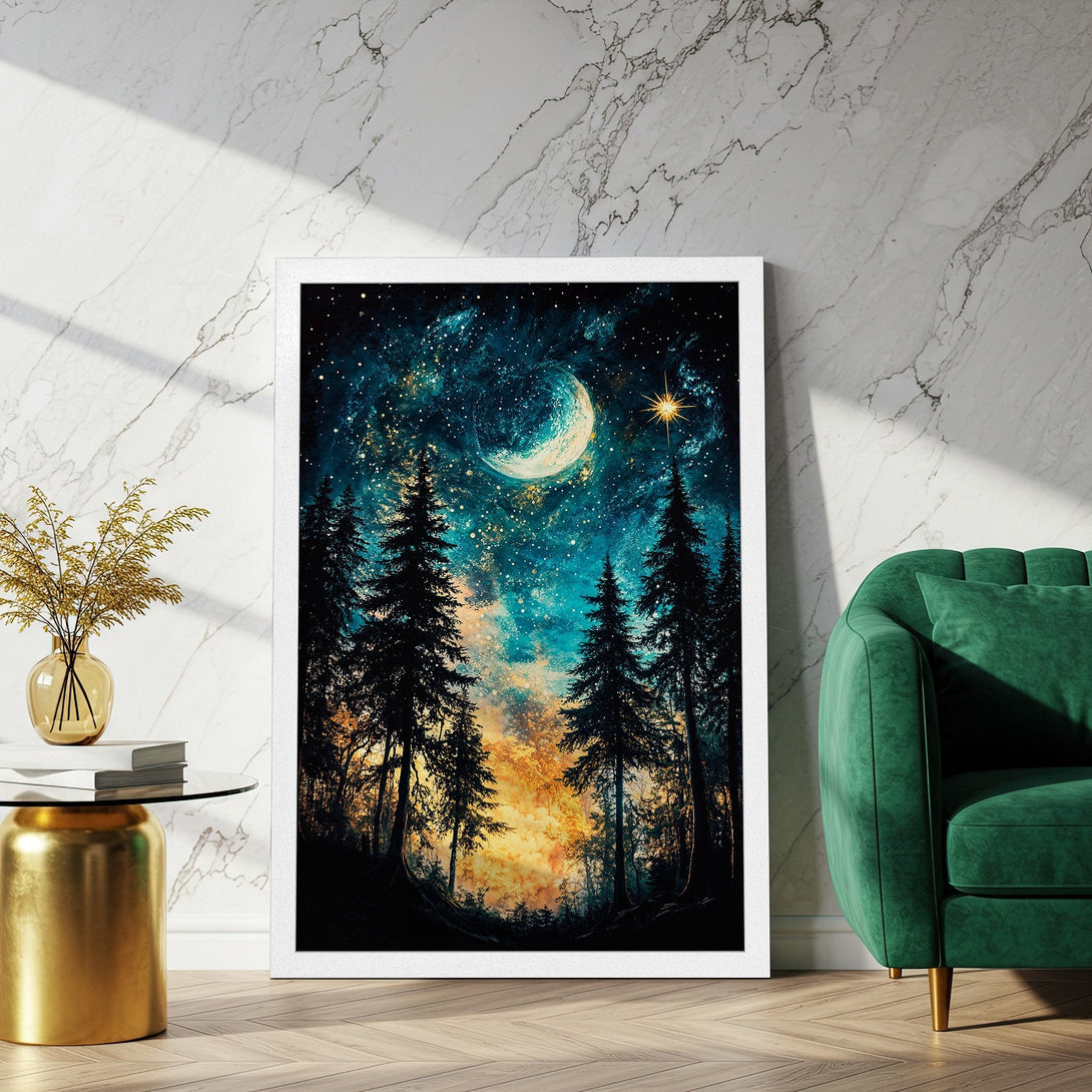 Framed Poster of a starry night forest scene. Moody art print with teal, gold, and black color palette. Perfect wall decor for any room.