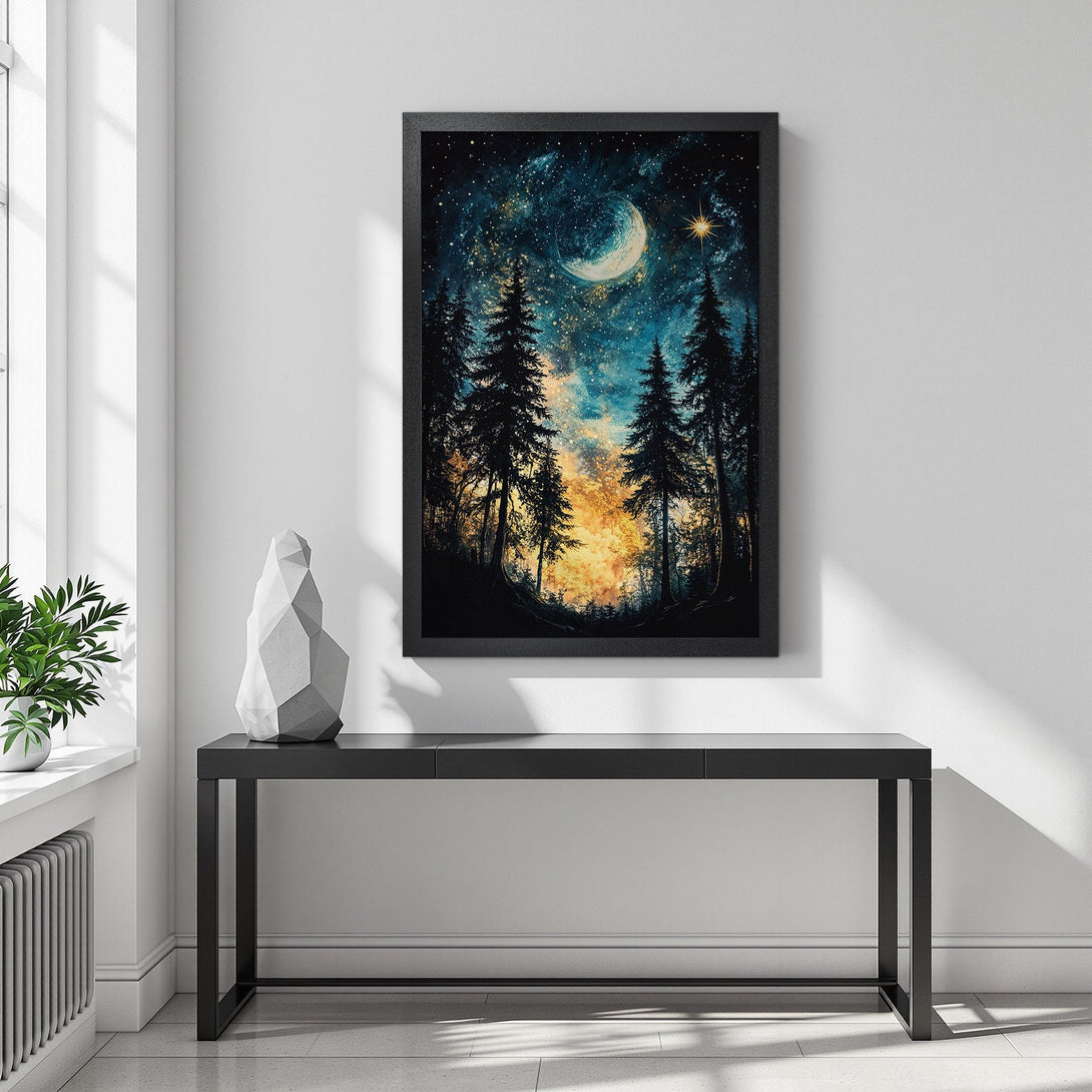 Framed Poster featuring a night forest scene with a starry sky, in a blue and gold color palette. Perfect wall art for any room!