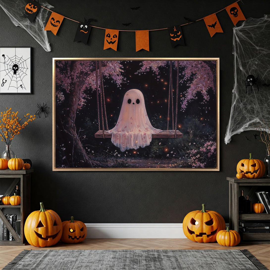 Framed Wall Art: Whimsical ghost on swing in a dark, moody forest scene. Purple and black color palette, perfect Halloween decor. Add spooky charm to your walls!