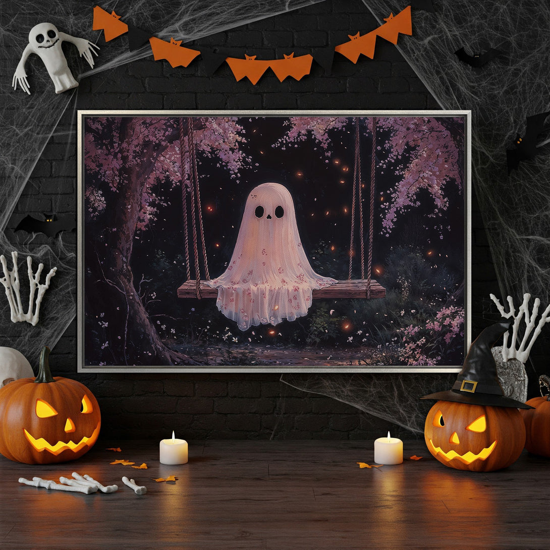 Framed Wall Art: Spooky ghost on a swing in a dark forest, whimsical style. Featuring a purple and black color palette, perfect Halloween decor.
