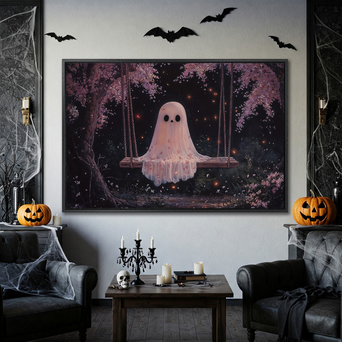 Framed Wall Art: Whimsical ghost on swing in a dark forest, romantic style, with a purple and black color palette. Perfect Halloween decor!