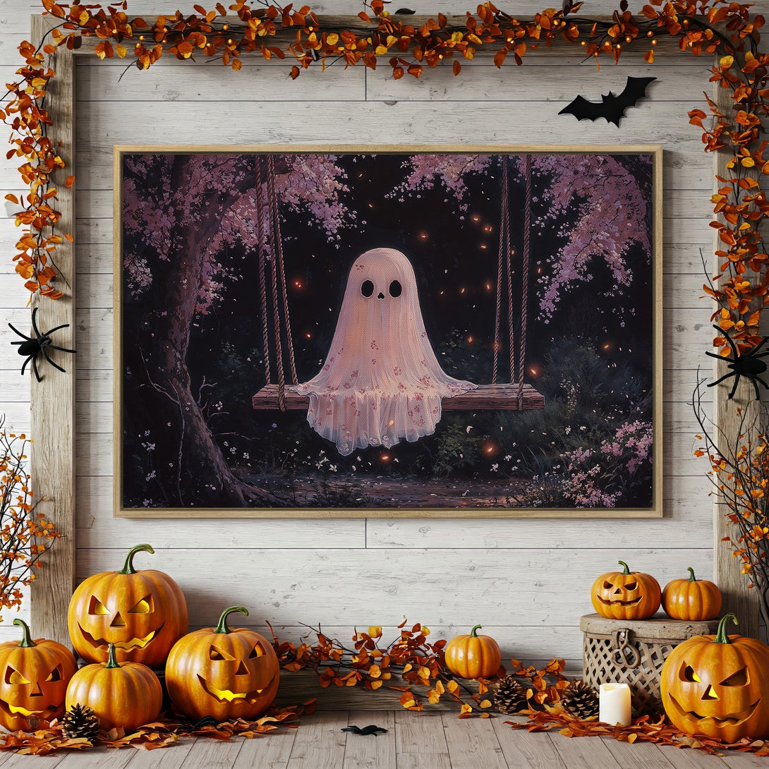 Framed Wall Art featuring a whimsical ghost on a swing. Dark, moody art with pink and black color palette, perfect for Halloween decor.
