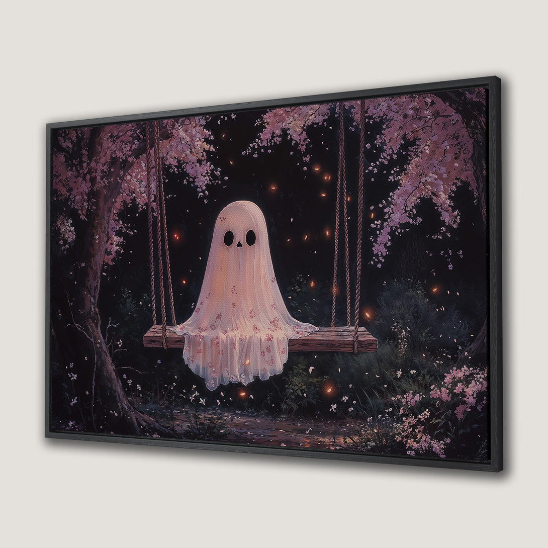 Canvas Print: Whimsical ghost on a swing in a dreamy forest scene. Soft pink and dark green color palette. Perfect framed wall art for any room.