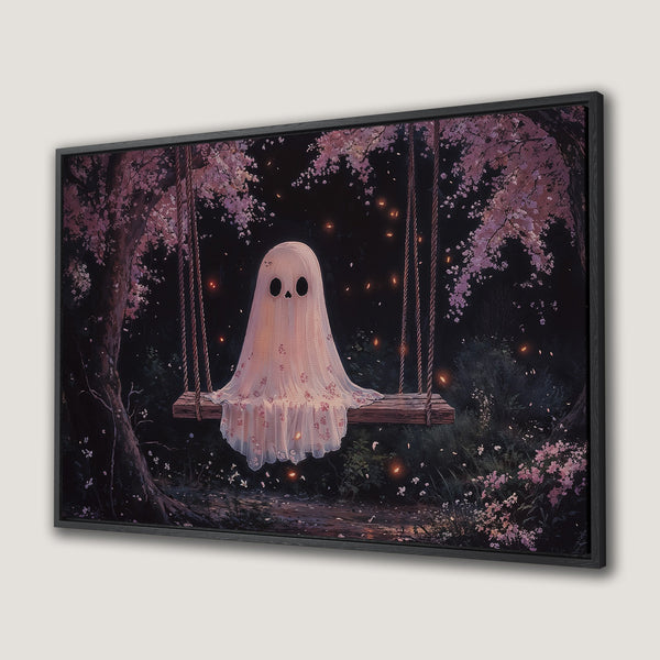 Canvas Print: Whimsical ghost on a swing in a dreamy forest scene. Soft pink and dark green color palette. Perfect framed wall art for any room.