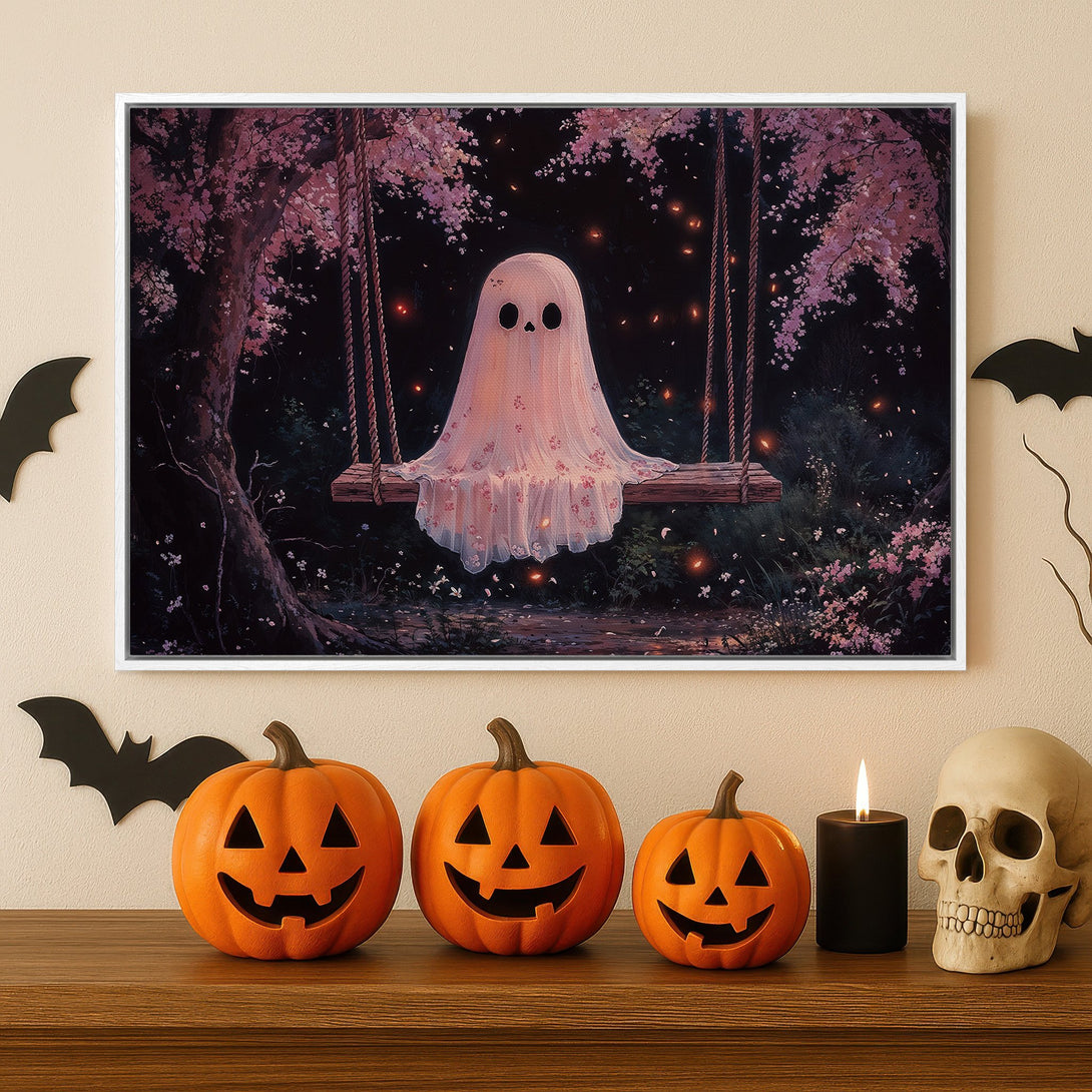 Framed Wall Art: Whimsical ghost on a swing in a dark forest, soft pink and black color palette, perfect for Halloween decor.