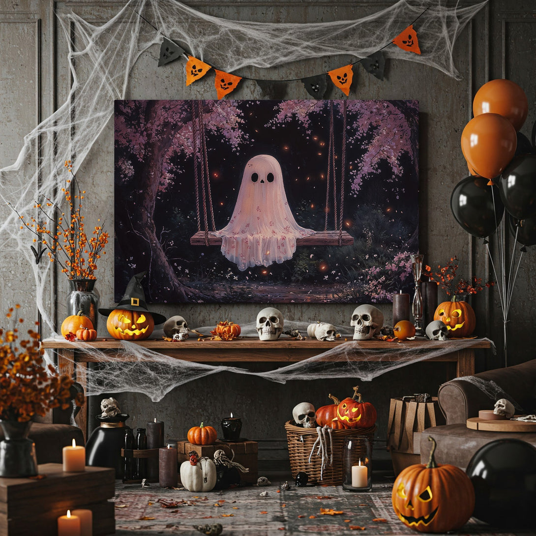 Framed Wall Art: Spooky ghost on a swing in a whimsical forest scene. Dark, moody color palette with pink and gold accents. Perfect Halloween decor!