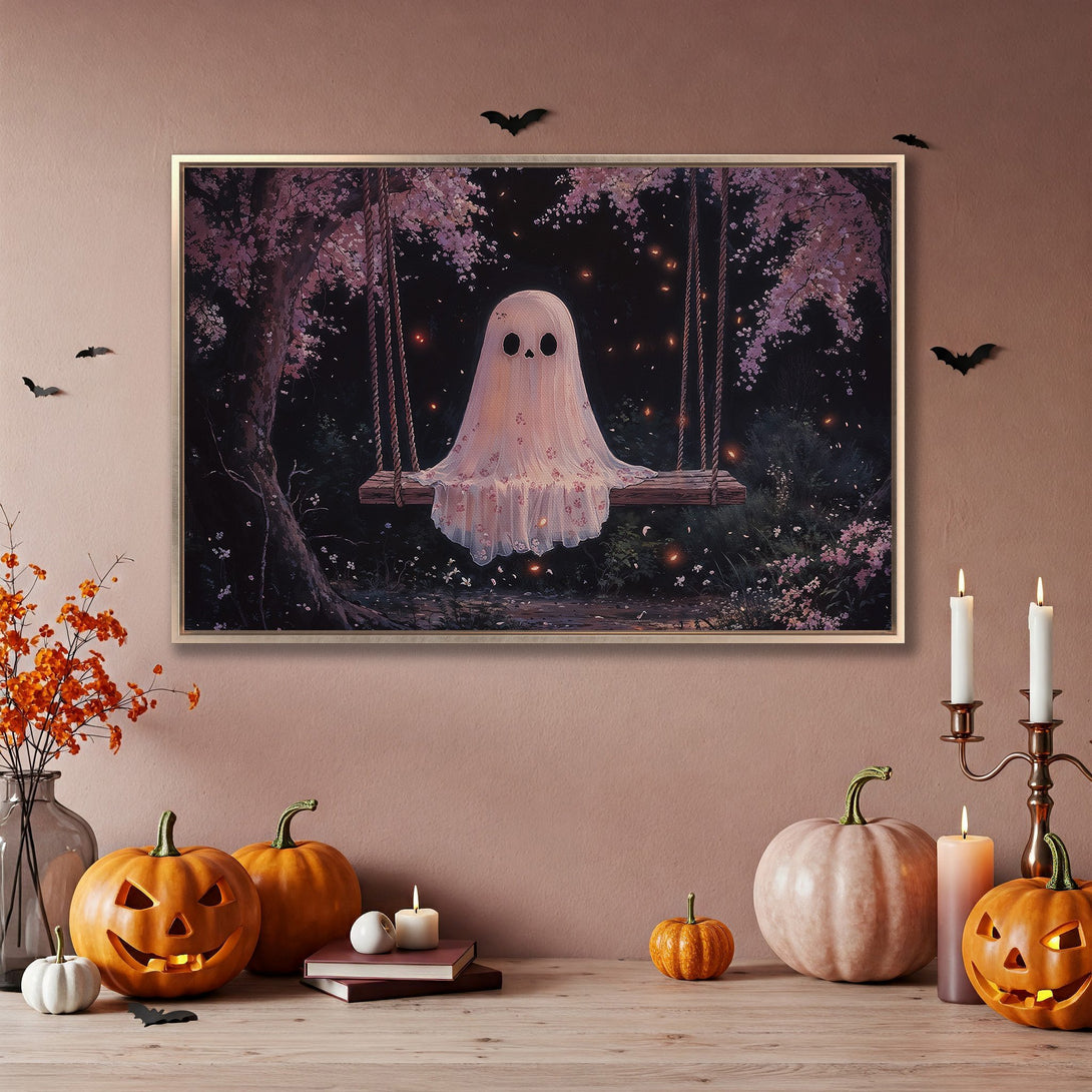 Framed Wall Art: Spooky ghost on a swing in a whimsical forest scene. Pastel pink & dark tones create a perfect Halloween aesthetic.
