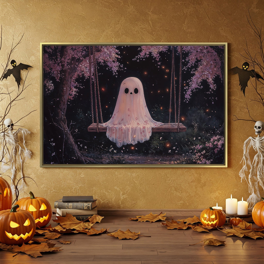 Halloween Canvas Print featuring a whimsical ghost on a swing, with a dark, moody color palette. Perfect spooky wall art!