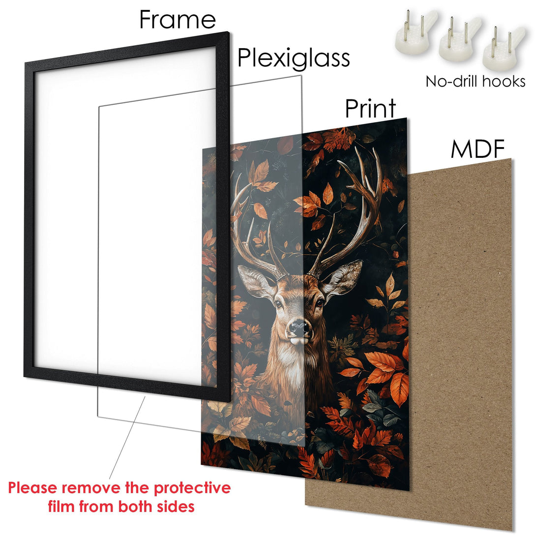 Framed Poster featuring a woman with floral accents. Dark, romantic style with a red and black color palette. Ready to hang!