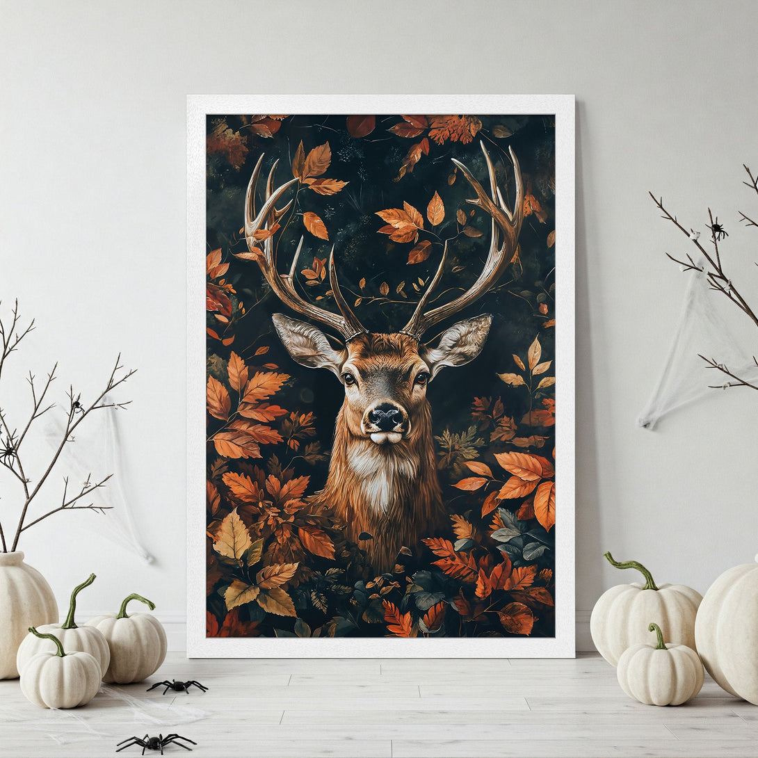 Framed Poster featuring two faces with red floral crowns, dark and moody color palette, perfect wall art.