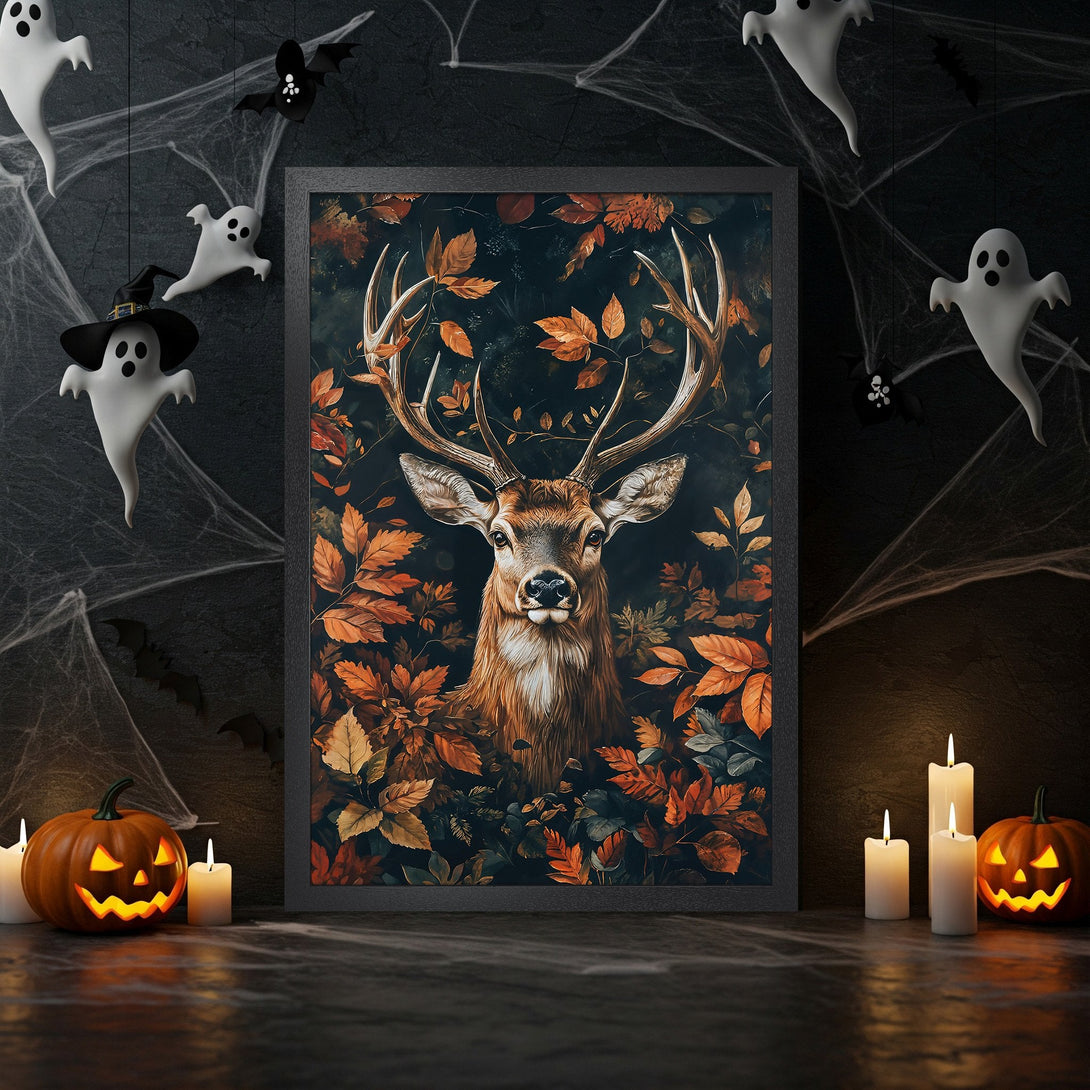 Framed Poster featuring a woman with red flowers, dark style, and a Halloween color palette. Perfect wall art for your home!