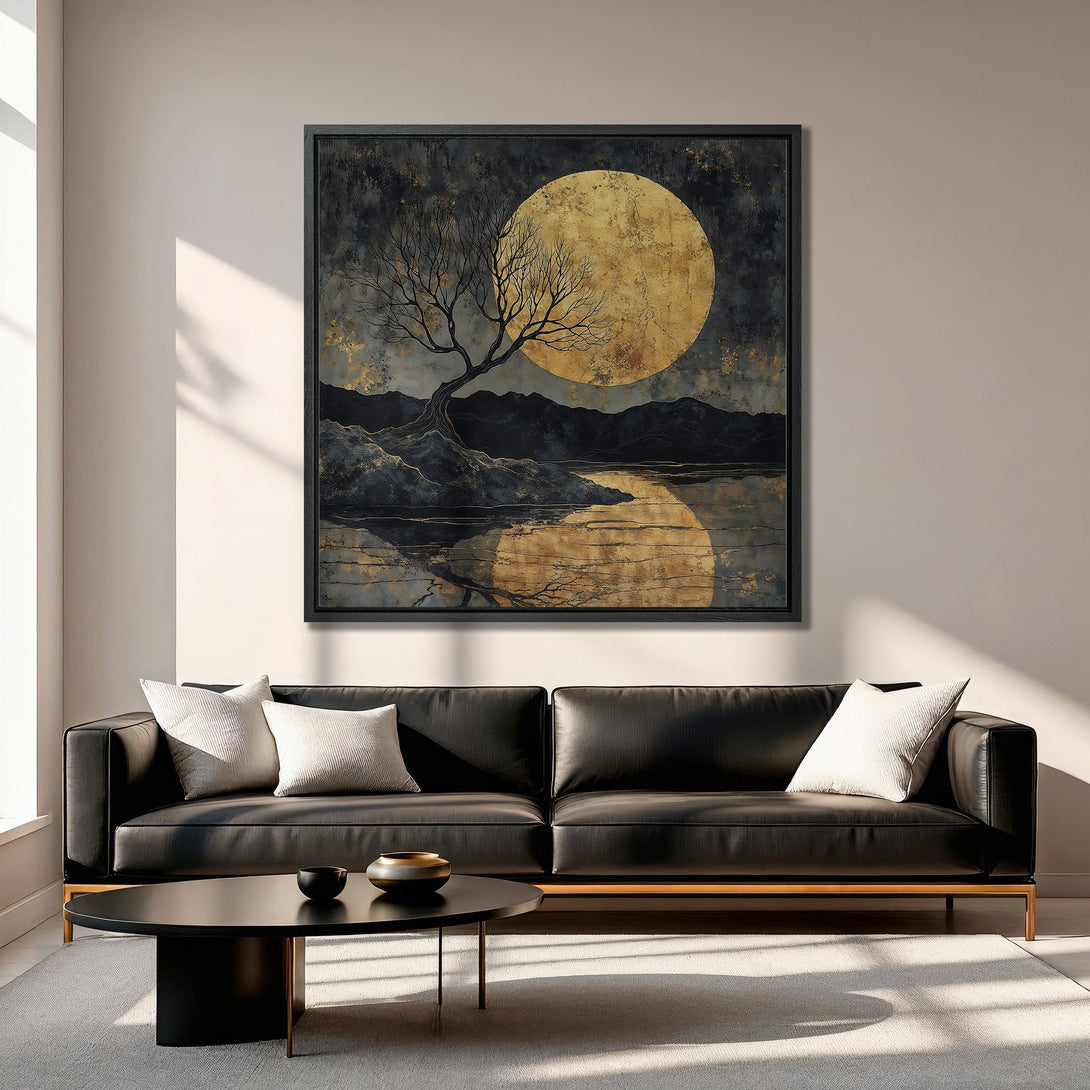 Framed Wall Art: Abstract landscape with a golden moon and tree. Modern art in black and gold tones. Perfect for living room decor.