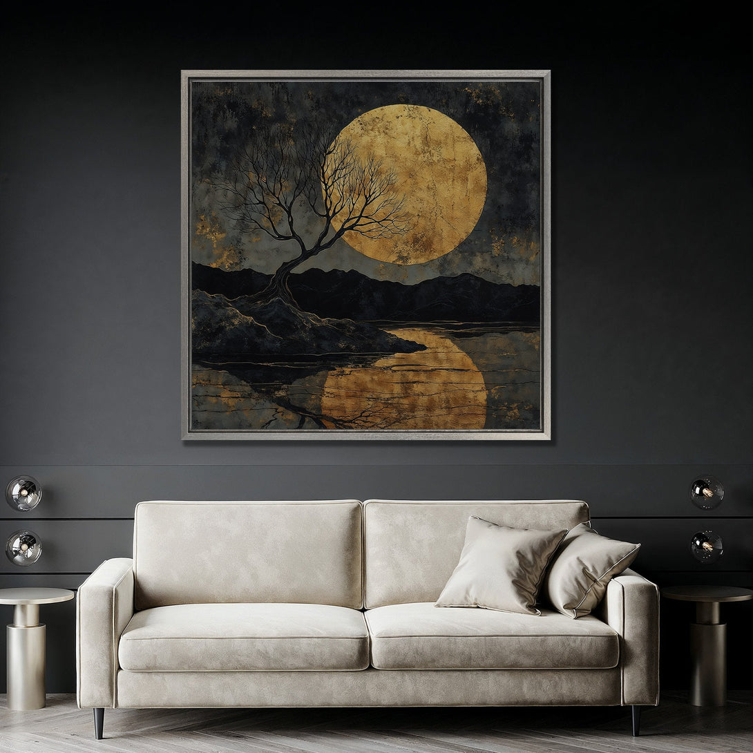 Framed Wall Art: Abstract landscape with a golden moon, tree silhouette, and dark color palette. Perfect for modern home decor.
