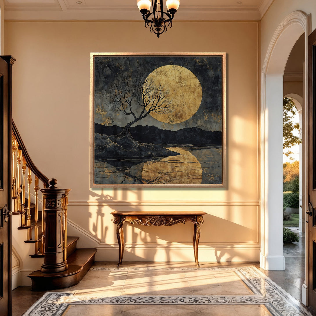 Framed Wall Art: Moonlit landscape Canvas Print in gold & black, adding elegance to any interior. Perfect for modern or classic decor.
