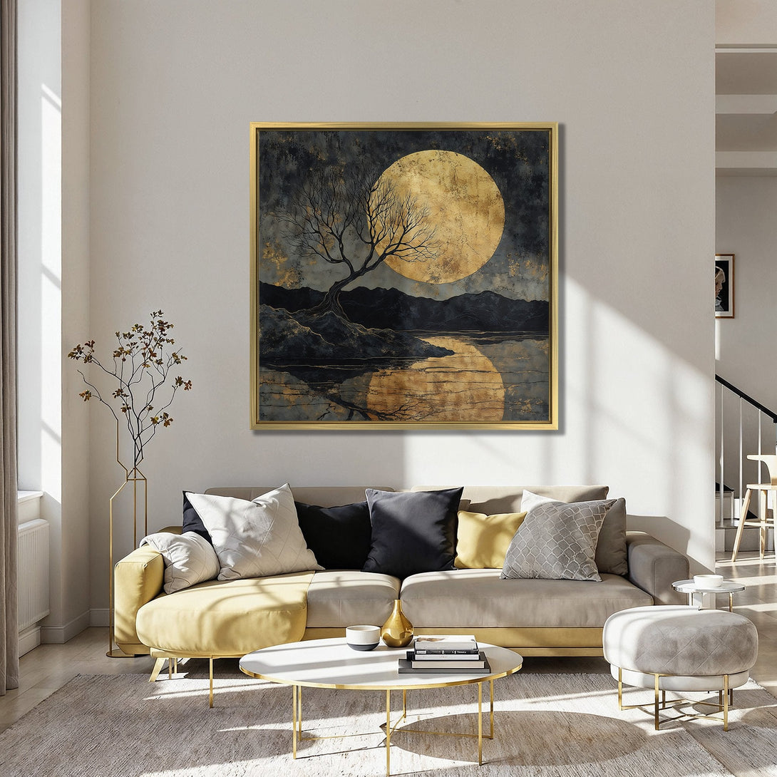 Canvas Print: Abstract landscape art with a golden moon, tree, and mountains. Features a dark, moody color palette with gold accents.
