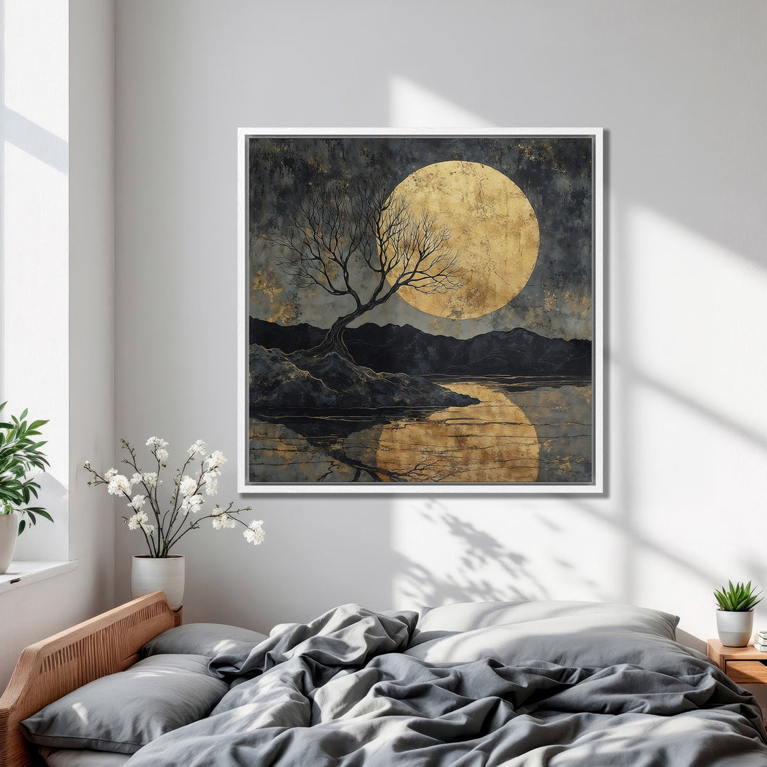 Framed Wall Art featuring a serene moonlit landscape in a modern, abstract style. Dark, moody color palette with gold accents, perfect for bedroom decor.
