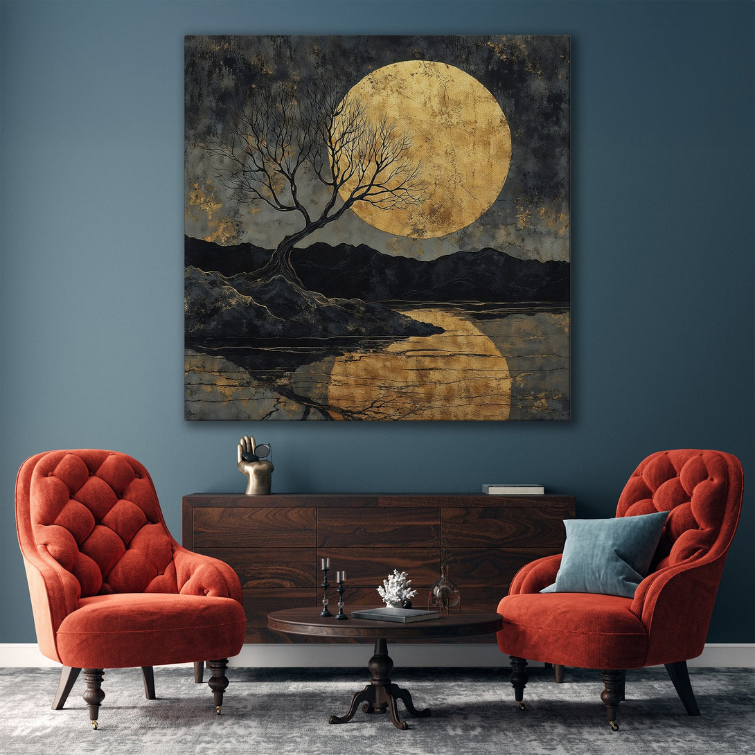 Framed Wall Art featuring a moonlit landscape with a tree, in a gold, black, and neutral color palette. Perfect for modern home decor.