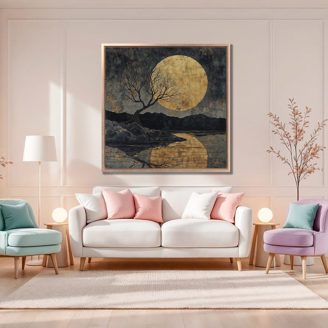 Framed Wall Art: Abstract landscape Canvas Print with gold moon and tree, moody color palette, perfect for modern home decor.