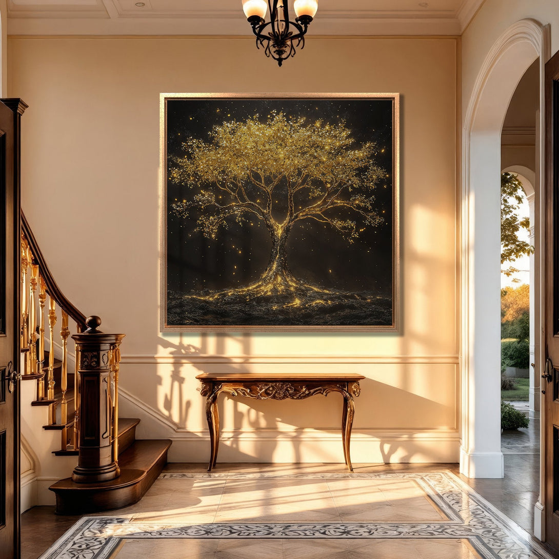 Framed Wall Art: Golden tree canvas print in a luxurious interior. Features a black background with gold accents, creating an elegant and warm aesthetic.