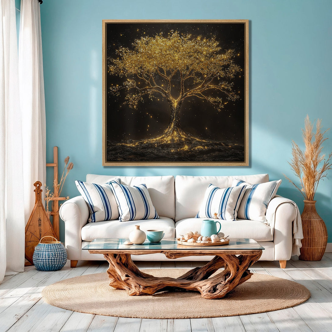 Framed Wall Art: Golden tree canvas print. Modern art with a black background and gold accents, displayed in a coastal-themed living room with blue and white decor.