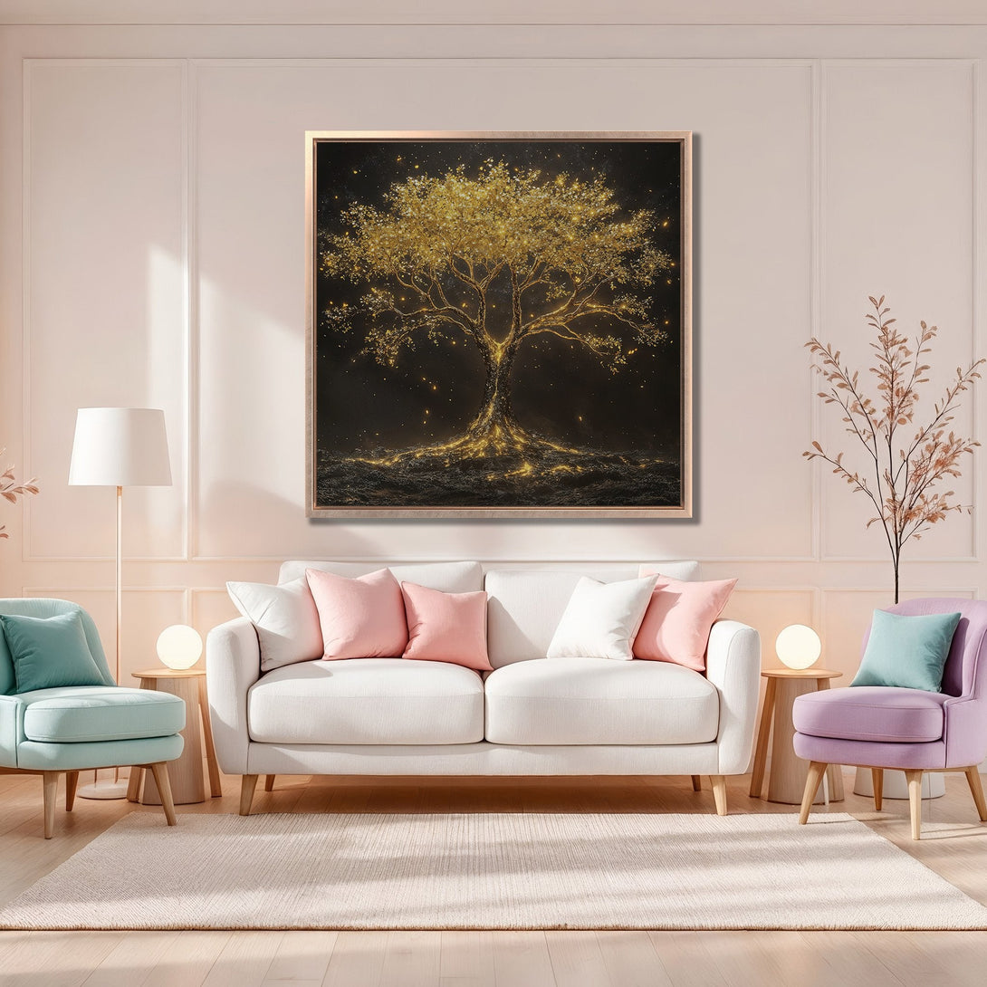 Framed Wall Art: Golden tree art print with a modern, ethereal style. Warm gold & black color palette adds elegance to any space. Shop now!